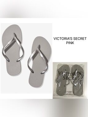 VICTORIA’S SECRET PINK - M 7/8 - NWT - SILVER GREY FLIP FLOPS / SANDALS